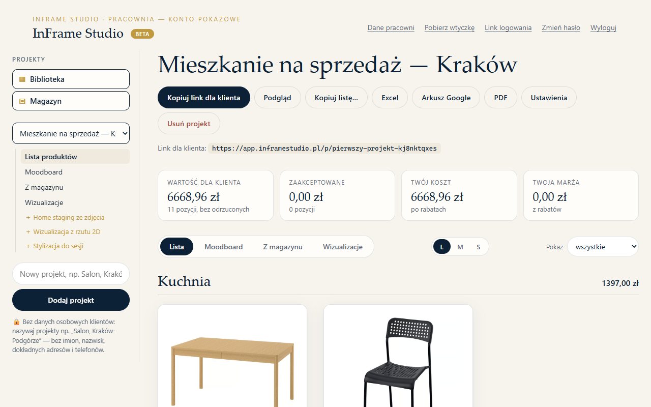 Projekt w panelu InFrame Studio z listą produktów i podsumowaniem kosztów