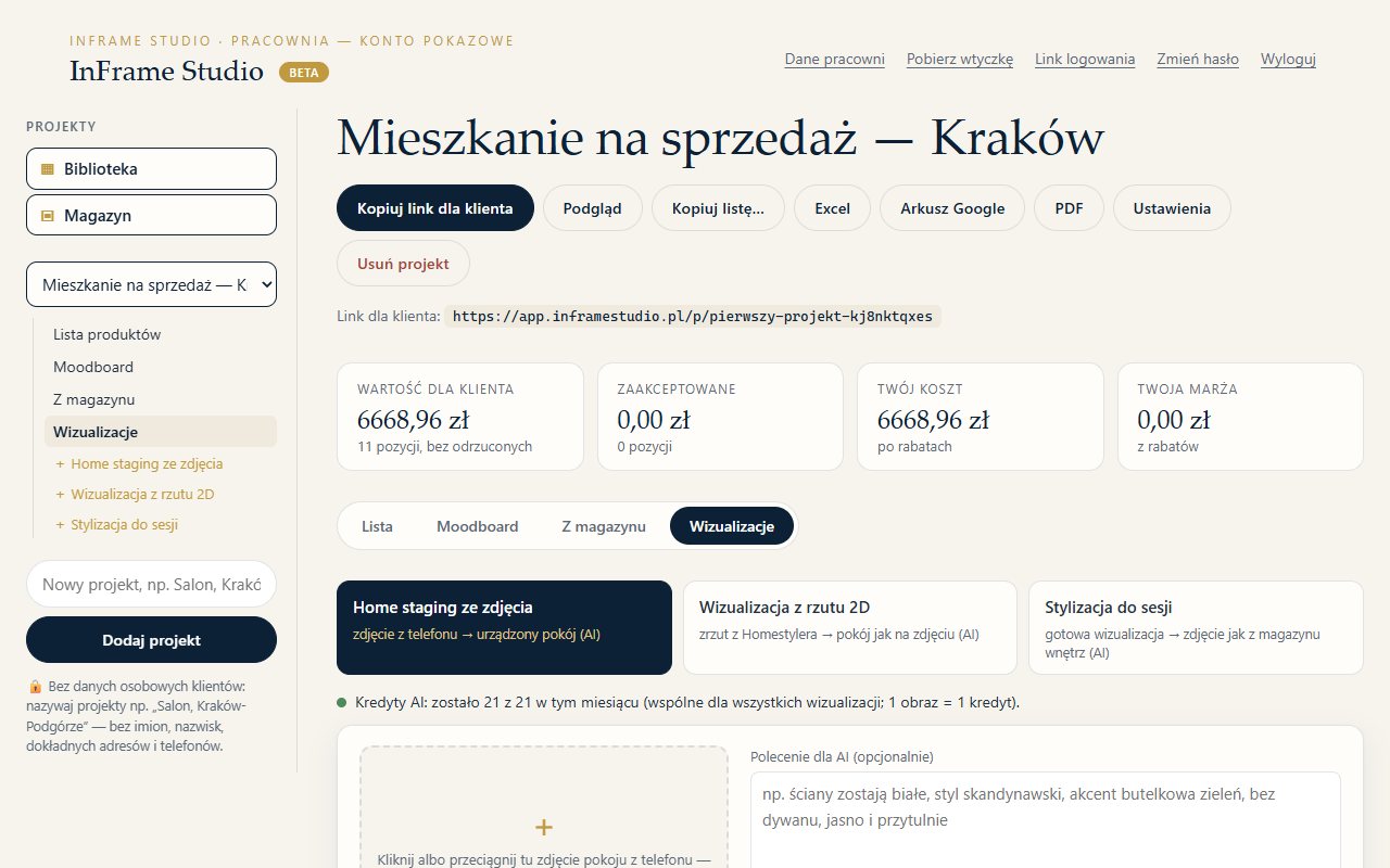 Ekran wizualizacji AI: home staging ze zdjęcia, rzut 2D i stylizacja do sesji